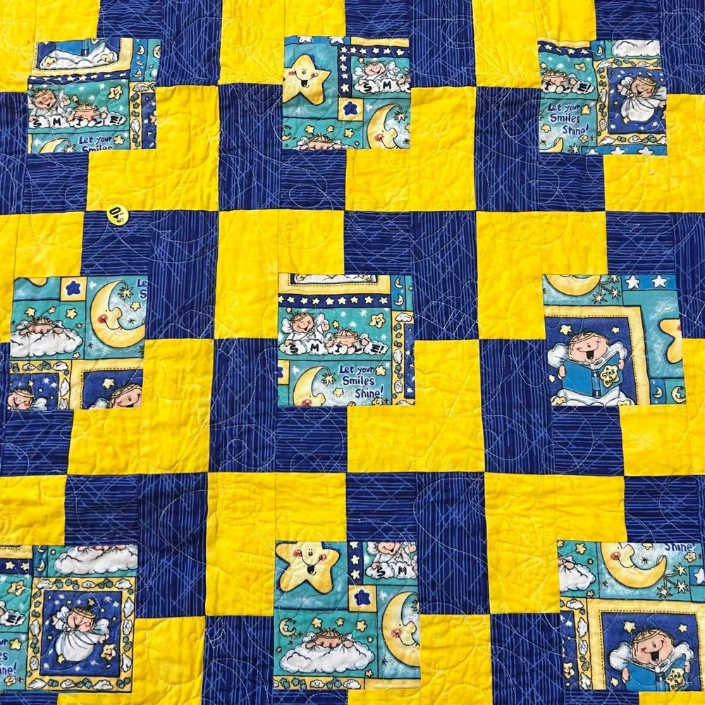 Baby Quilt Yellow Blue‎ Moon Stars Angels Chevron Handmade Toddler Bedding
